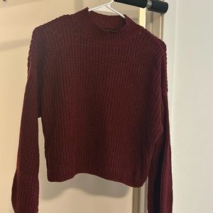 cropped knitted maroon turtleneck sweater